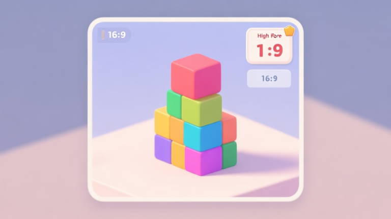 自动生成图片: A minimalist game interface showing a vibrant stack of colored blocks with a high score counter in the corner, soft pastel color palette, clean and modern design high quality illustration, detailed, 16:9