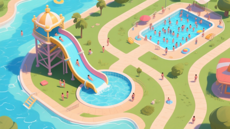 自动生成图片: A top-down view of a poorly planned digital water park in a game, showing one huge, expensive waterslide isolated in a corner with no visitors, while a small, crowded pool area is far away, connected by long, winding paths. The overall mood is inefficient and unbalanced. high quality illustration, detailed, 16:9