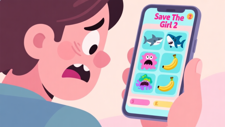 自动生成图片: A frustrated player looking at a phone screen showing a Save The Girl 2 puzzle with multiple bizarre choices like a shark and a banana, flat cartoon style with soft pastel colors high quality illustration, detailed, 16:9
