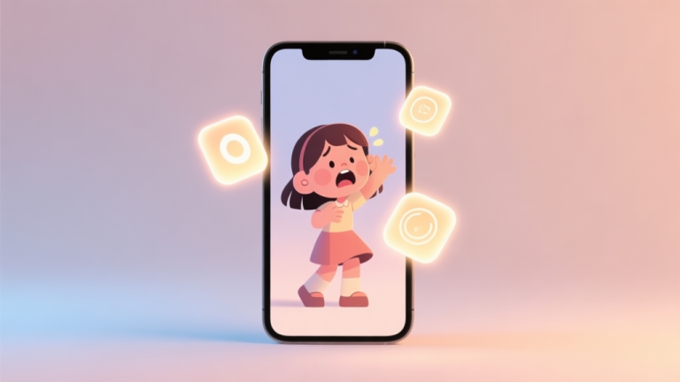 自动生成图片: A stylized, minimalist illustration of a mobile phone screen showing a cartoon girl in a funny predicament, with three glowing interactive objects floating around her. Soft pastel color palette with warm and cool tones. high quality illustration, detailed, 16:9