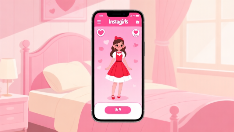 自动生成图片: A cozy, pastel-colored bedroom scene with a smartphone displaying the Instagirls Valentine's Dress Up game interface. On the screen, a character is wearing a perfect red and white outfit. Soft pink and cream color scheme, gentle lighting, flat illustration style high quality illustration, detailed, 16:9