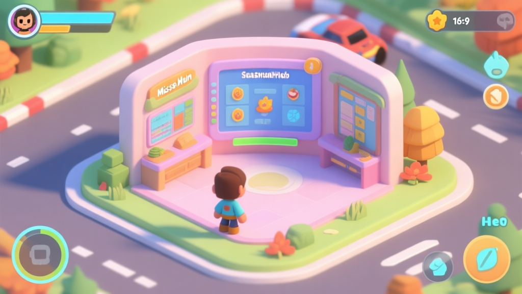 A welcoming, isometric view of a vibrant seasonal game hub in a racing game, with a new player character looking at a central mission board, soft pastel colors for the UI and environment, clear visual path leading forward high quality illustration, detailed, 16:9