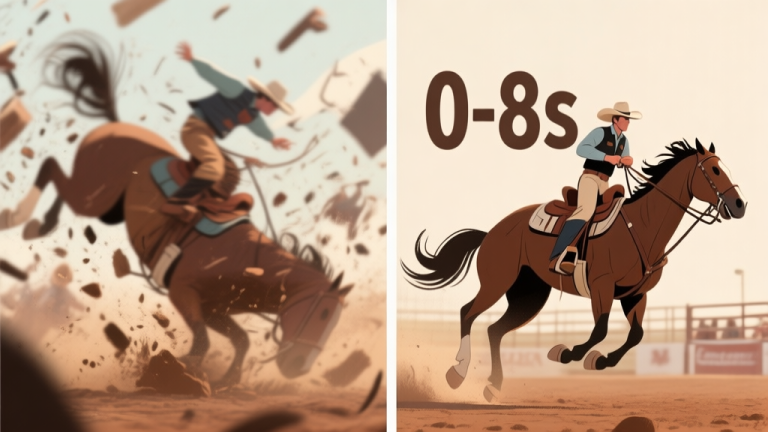 自动生成图片: A split-screen illustration showing the left side with a chaotic, blurry rodeo rider being thrown off, and the right side with a focused, balanced rider in control, with a large timer highlighting "0-8s" in the center, soft earthy color palette high quality illustration, detailed, 16:9