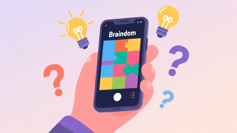 自动生成图片: A hand holding a smartphone displaying a colorful Braindom puzzle, with abstract lightbulb icons and question marks floating around it, soft pastel background, minimalist flat design high quality illustration, detailed, 16:9