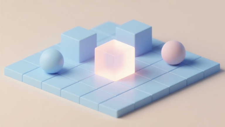 自动生成图片: A minimalist 3D puzzle scene with simple geometric shapes like cubes and spheres on a grid, one shape is highlighted with a soft glow, pastel color palette with light blue and beige background high quality illustration, detailed, 16:9