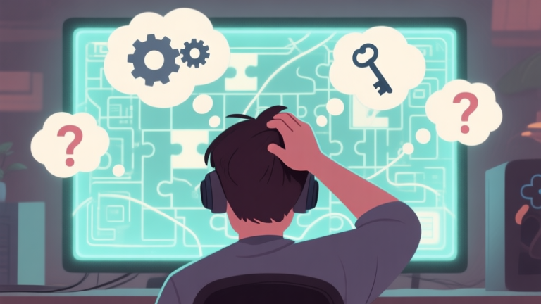 自动生成图片: A frustrated gamer scratching their head in front of a glowing, complex puzzle interface on a screen, with tangled thought bubbles containing gears, keys, and question marks, in a soft muted color palette high quality illustration, detailed, 16:9