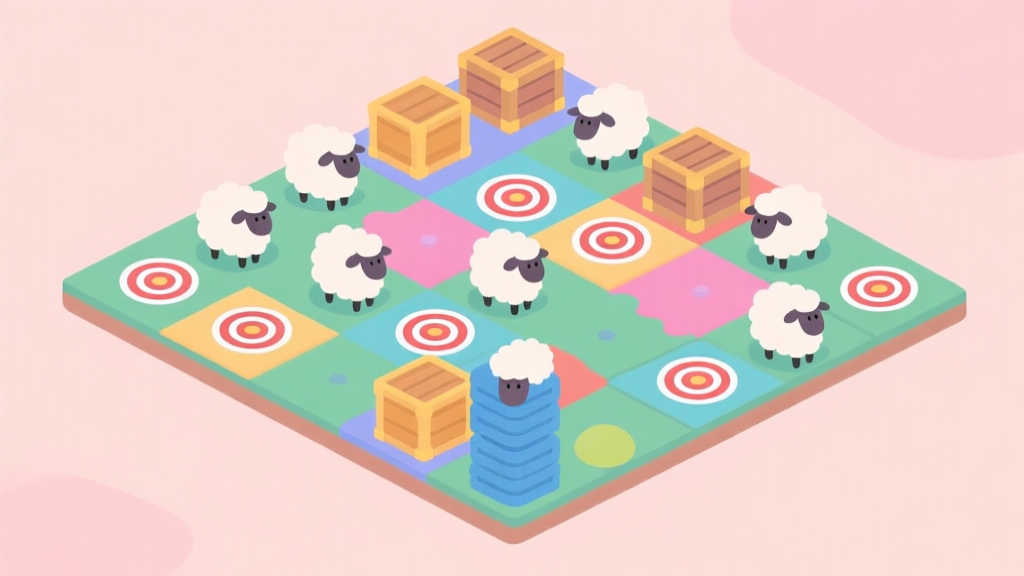 A top-down view of a colorful puzzle game level with sheep icons stacked in various patterns, crates, and target zones, using a soft pastel color palette and clean vector art style high quality illustration, detailed, 16:9