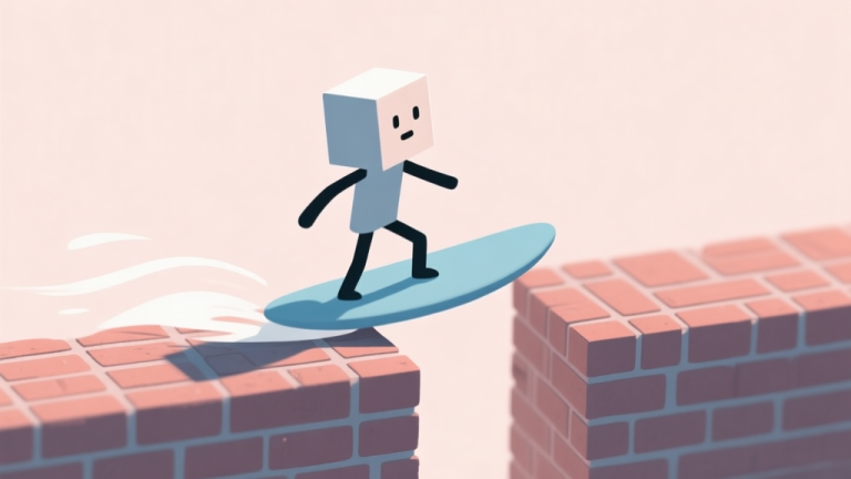 自动生成图片: A minimalist side-view of a simple block character surfing on a brick path over a gap, soft pastel background, clean lines, conveying a sense of flow and motion high quality illustration, detailed, 16:9