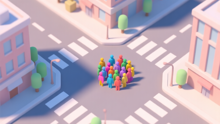 自动生成图片: A top-down view of a stylized 3D city intersection, with a small group of colorful humanoid figures merging into a larger crowd, soft pastel colors, clean and minimalist game art style high quality illustration, detailed, 16:9