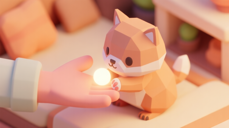 自动生成图片: A stylized, cozy game scene showing a player's hand gently holding the paw of a cute, low-poly animal creature. Soft glow around the contact point, warm and calming color palette of pastel orange and cream, isometric view high quality illustration, detailed, 16:9