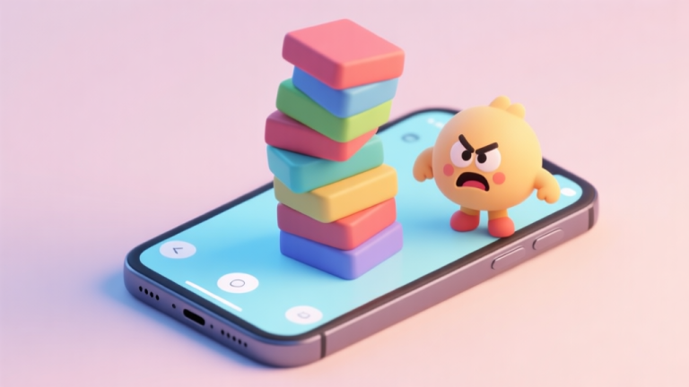自动生成图片: A playful, isometric 3D illustration of a wobbly, tall stack of colorful blocks on a mobile phone screen, with a frustrated cartoon character next to it, in a soft pastel color palette high quality illustration, detailed, 16:9