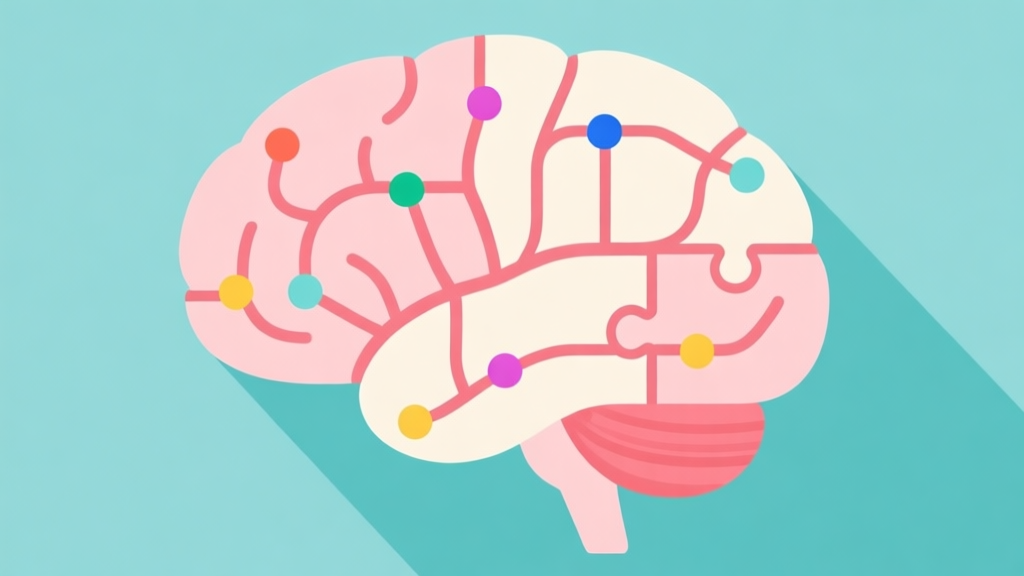 A stylized, minimalist brain illustration with puzzle pieces and colorful dots connecting neural pathways, soft pastel color palette, clean lines, flat design high quality illustration, detailed, 16:9