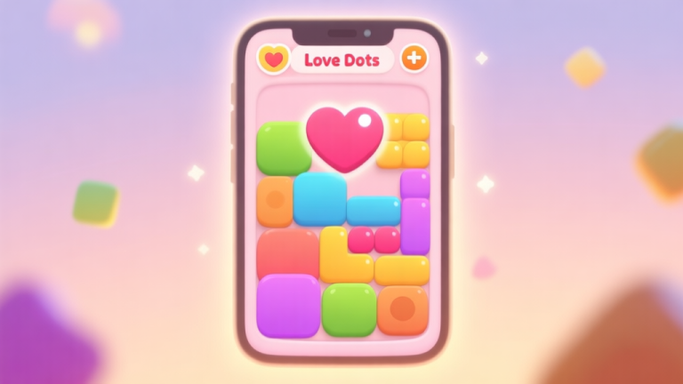 自动生成图片: A cozy, inviting mobile game interface showing a colorful Love Dots puzzle with various shaped blocks on a soft pastel background, screen glow effect, warm lighting high quality illustration, detailed, 16:9