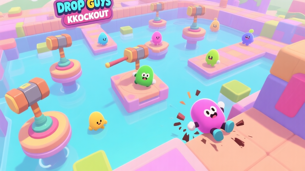 A dynamic, top-down view of a colorful Drop Guys obstacle course during a knockout round, with multiple cute blob characters navigating spinning hammers and moving platforms, one character falling off the edge, soft pastel colors, vibrant game scene high quality illustration, detailed, 16:9