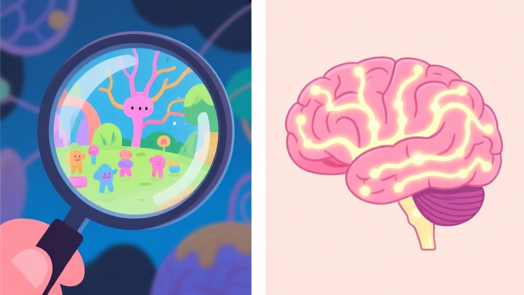 Split-screen illustration showing a magnifying glass over a detailed, vibrant cartoon scene on one side, and neural connections lighting up in a brain on the other side, soft pastel color palette high quality illustration, detailed, 16:9