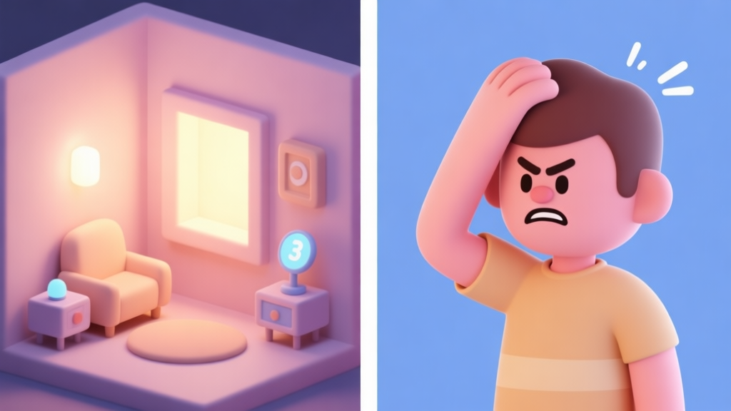 A split-screen illustration showing a cozy, softly lit 3D escape room on one side with simple interactive objects, and a frustrated cartoon character scratching their head on the other side, in a flat design style with pastel colors high quality illustration, detailed, 16:9