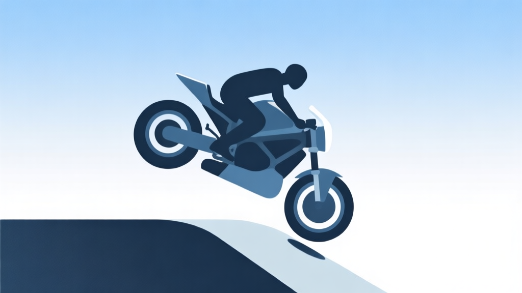 A minimalist side-view illustration of a stylized motorbike in mid-air, performing a simple wheelie on a gentle ramp. The background is a soft gradient of sky blue and white, with clean lines and flat design style. high quality illustration, detailed, 16:9