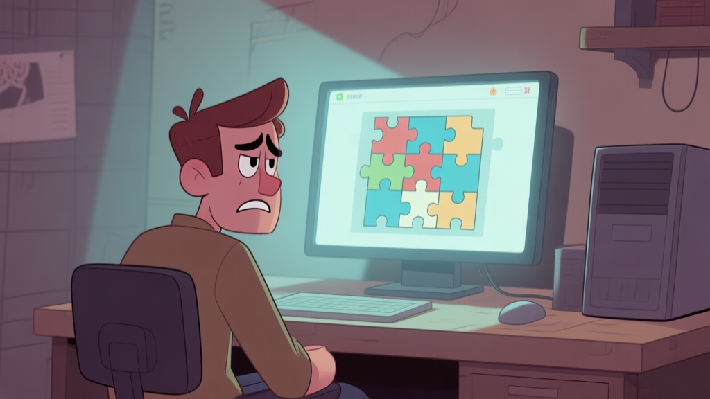 A frustrated player sitting at a desk looking at a computer screen showing a confusing puzzle in a virtual escape room, soft lighting, muted colors, cartoon style high quality illustration, detailed, 16:9