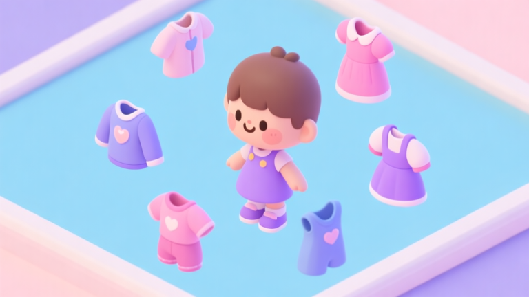 自动生成图片: A cheerful, isometric view of a digital dress-up game interface, showing a cute character with multiple clothing options floating around. Soft pastel color palette of blues, pinks, and purples, clean and child-friendly illustration style high quality illustration, detailed, 16:9