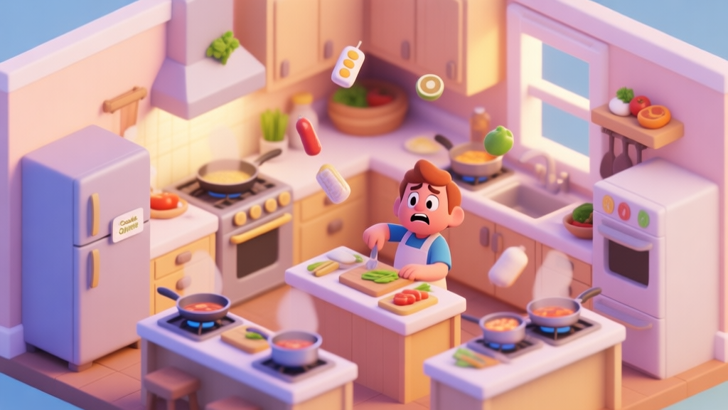 A cozy, isometric view of a Virtual Families kitchen during a Cook Off event, with multiple cooking stations active, ingredients floating above counters, and a friendly character looking slightly flustered but focused. Soft pastel color palette, warm lighting high quality illustration, detailed, 16:9