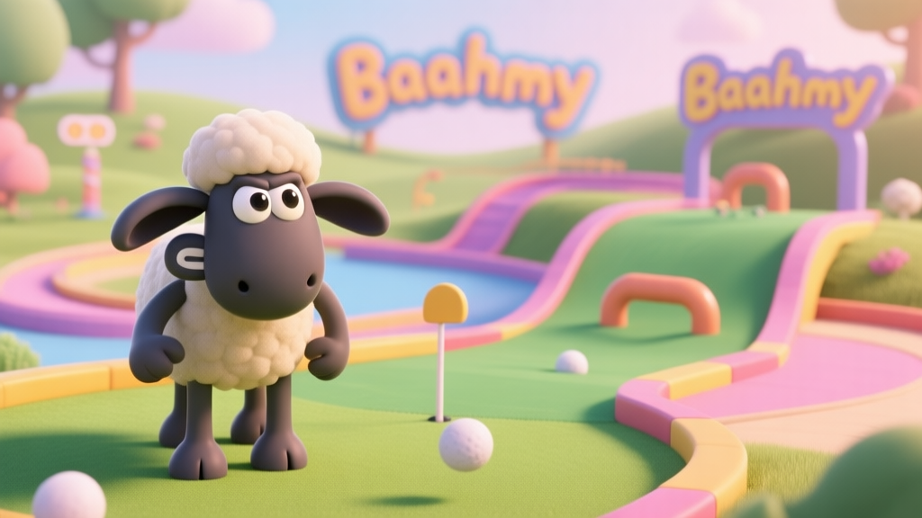 A cute, stylized 3D render of Shaun the Sheep looking determined on a colorful Baahmy Golf course, with a tricky obstacle course in the background, soft pastel colors, cartoon style high quality illustration, detailed, 16:9