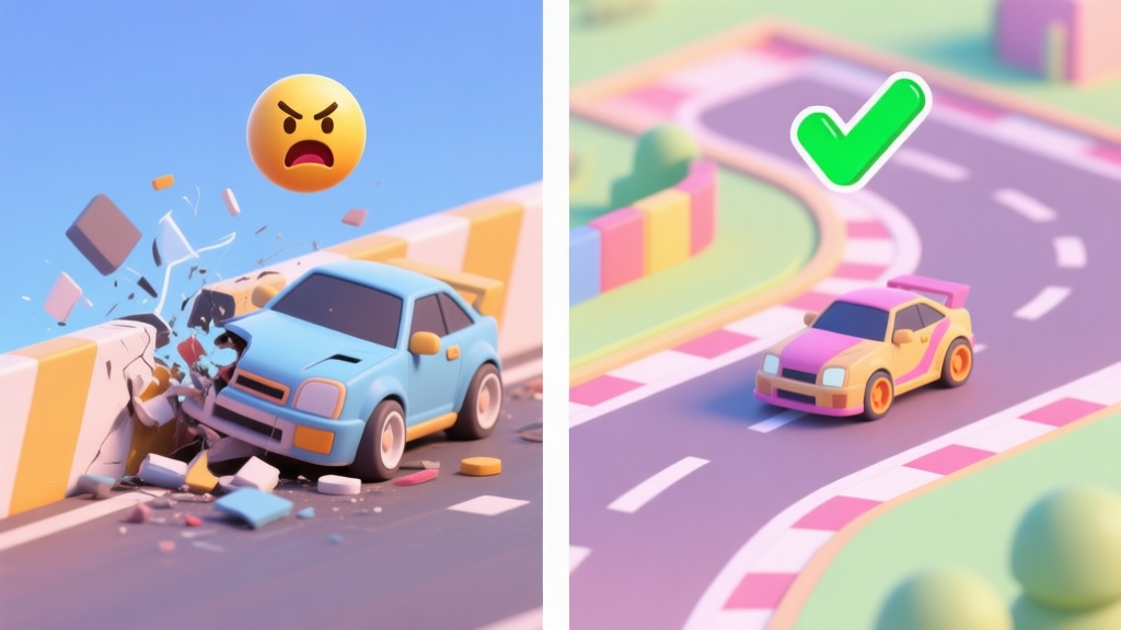 A split-screen image showing contrast in Happy Racing Online gameplay. Left side: a cartoonish car crashing messily into a barrier, with a frustrated emoticon above it. Right side: the same car model taking a clean, optimal racing line on a colorful track, with a confident checkmark above. Soft pastel color scheme, isometric view. high quality illustration, detailed, 16:9