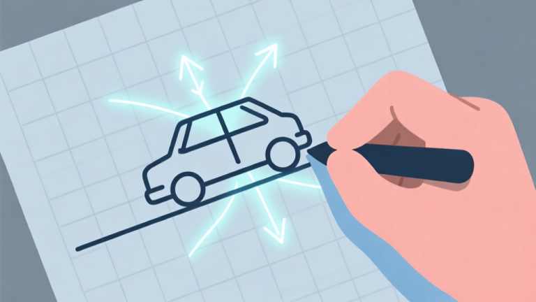 自动生成图片: A minimalist, flat design illustration of a hand drawing a simple vehicle on a grid paper, with faint, glowing lines representing physics forces like gravity arrows and friction vectors, in a soft blue and grey color scheme high quality illustration, detailed, 16:9