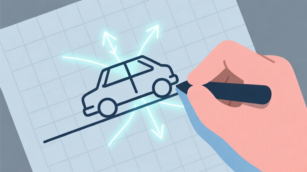 A minimalist, flat design illustration of a hand drawing a simple vehicle on a grid paper, with faint, glowing lines representing physics forces like gravity arrows and friction vectors, in a soft blue and grey color scheme high quality illustration, detailed, 16:9