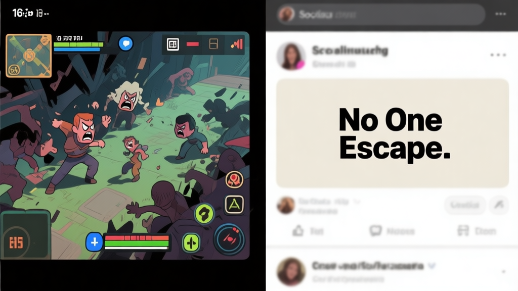 A split-screen image showing a chaotic, tense moment in a competitive multiplayer game on one side, and a calm, scrolling social media feed with the phrase "No One Escape" highlighted on the other, in a muted color palette high quality illustration, detailed, 16:9