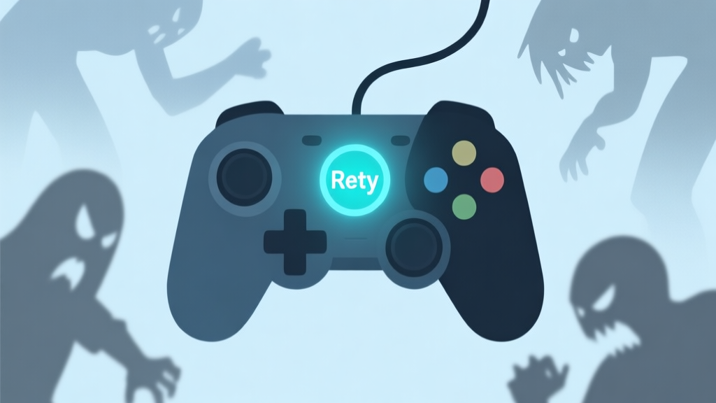 A stylized, minimalist illustration of a video game controller with a glowing, persistent "Retry" button, surrounded by faint, ghostly silhouettes of defeated characters. Soft blue and grey color scheme, conveying a sense of calm determination amidst failure. high quality illustration, detailed, 16:9