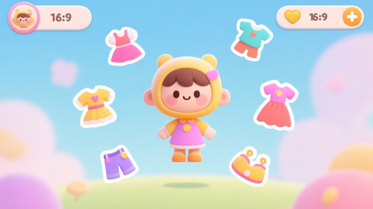 自动生成图片: A cheerful and colorful game interface of a dress-up game, showing a cute cartoon character in the center with various clothing and accessory icons floating around, soft pastel color palette, clean and inviting design high quality illustration, detailed, 16:9