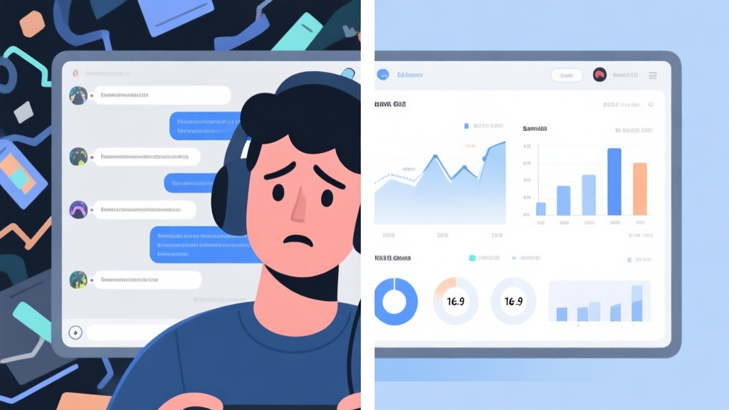A split-screen illustration showing a confused gamer looking at chaotic game chat on one side, and a clear, strategic game interface with data charts on the other, using a soft color palette of blues and greys high quality illustration, detailed, 16:9