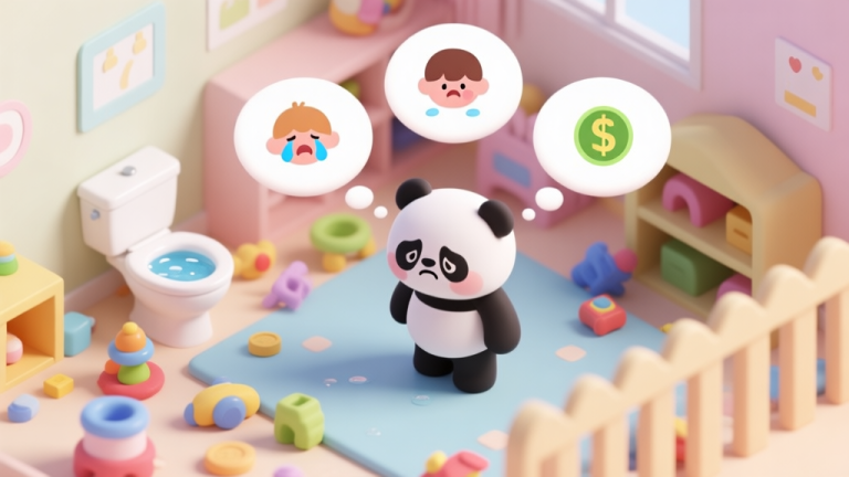 自动生成图片: A chaotic but cute daycare scene in isometric view, with toys scattered, a panda character looking stressed, and thought bubbles showing icons of crying children, a clogged toilet, and a low money meter, soft pastel colors high quality illustration, detailed, 16:9