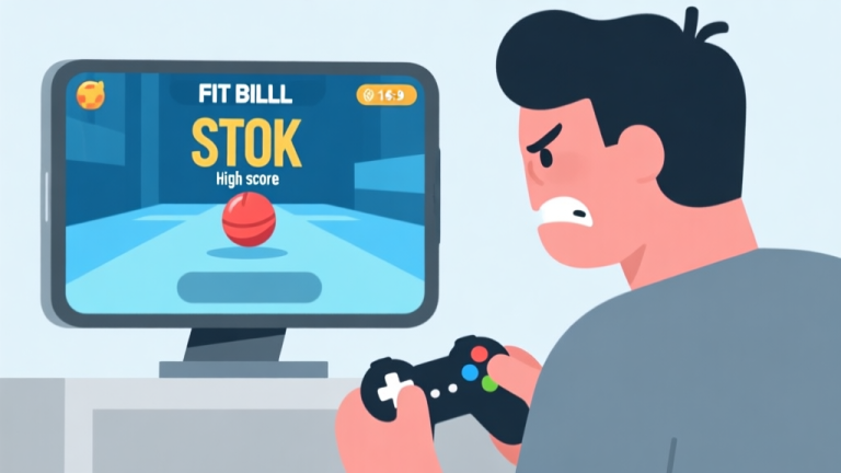 自动生成图片: A frustrated mobile gamer looking at a Fit Balls game screen with a stuck high score, in a minimalist flat illustration style with soft blues and greys high quality illustration, detailed, 16:9
