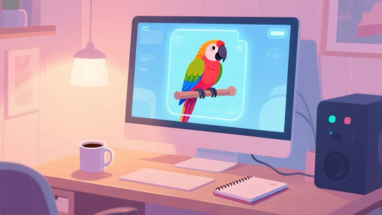 自动生成图片: A cozy, softly lit digital room with a large monitor screen showing a stylized, colorful parrot on a virtual perch. The real-world desk has a coffee mug and a notebook, blending the virtual pet care experience with a warm, human gaming setup, flat illustration style, pastel colors high quality illustration, detailed, 16:9