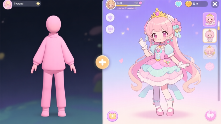 自动生成图片: A side-by-side comparison of two game character avatars in a character creator screen. Left side shows a generic pink-clad figure. Right side shows a detailed, cohesive 'princess sweet kawaii' character with layered pastels, delicate accessories, and a charming pose, soft pastel color palette, anime-inspired game art style high quality illustration, detailed, 16:9