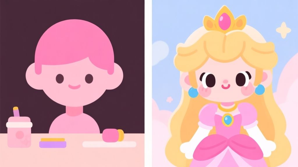 A split-screen illustration showing a generic pink avatar on one side and a detailed, story-driven kawaii princess avatar on the other. The generic side has basic items, the story-driven side has cohesive themed accessories and expressive details, soft pastel color scheme, flat design high quality illustration, detailed, 16:9
