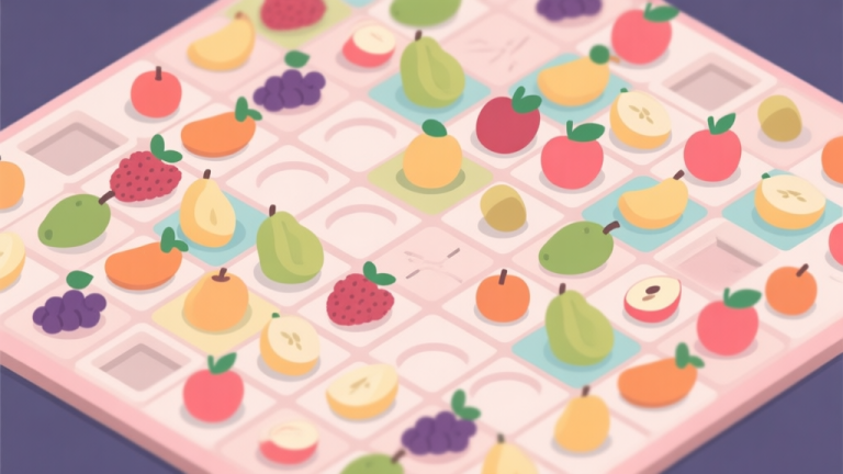 自动生成图片: A cluttered and frustrating game board from a merge puzzle game, filled with low-level fruits and no clear space, soft pastel colors, flat design style high quality illustration, detailed, 16:9