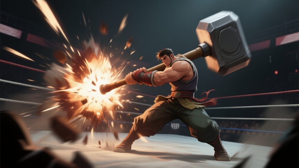 Dynamic fighting game screenshot of a hammer-wielding character in mid-swing, impact effects bursting, against a dark arena background, muted color palette with emphasis on the weapon's motion blur high quality illustration, detailed, 16:9