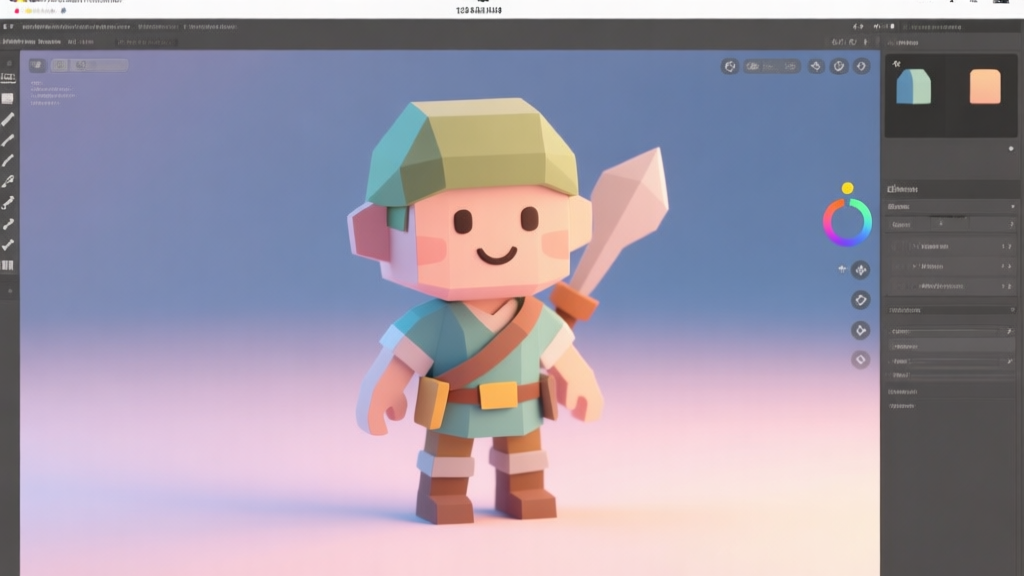A friendly, stylized low-poly character model of a simple adventurer, shown in a 3D software viewport with basic tools visible, soft pastel color palette, clean and inviting aesthetic high quality illustration, detailed, 16:9