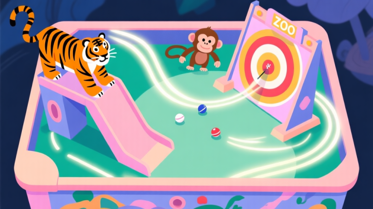 自动生成图片: A vibrant, stylized top-down view of a Zoo Pinball table, with a tiger ramp on the left and a monkey target bank on the right, soft pastel colors, dynamic light trails following a pinball, flat illustration style high quality illustration, detailed, 16:9