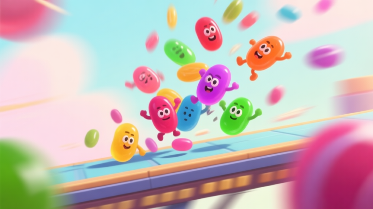 自动生成图片: A vibrant, playful scene of colorful jellybean-like characters from a video game tumbling and falling in chaotic harmony on a moving platform, cartoon style, soft pastel background, dynamic motion blur, comedic atmosphere high quality illustration, detailed, 16:9