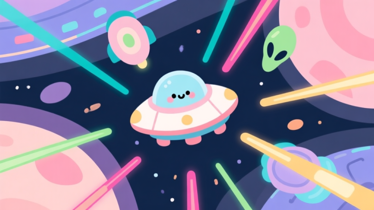 自动生成图片: A top-down view of a simple, cute spaceship in a vibrant space arena, dodging colorful laser beams from abstract alien ships, soft pastel colors, clean vector illustration high quality illustration, detailed, 16:9