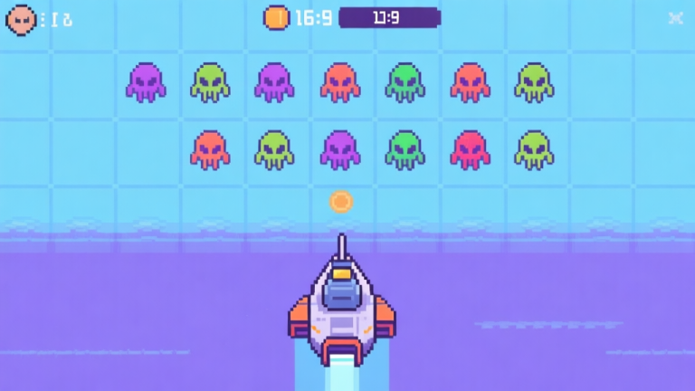 自动生成图片: A top-down view of a simple, clean pixel art game screen showing a player's ship at the bottom defending against a structured grid of colorful alien ships above, with soft blue and purple hues, minimalist UI with score counter high quality illustration, detailed, 16:9
