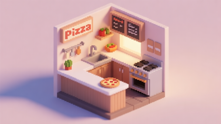 自动生成图片: A cozy, minimalist isometric illustration of a small pixel-art pizza shop kitchen, with empty counters, a basic oven, and a few ingredients. Soft pastel color palette with warm lighting. high quality illustration, detailed, 16:9