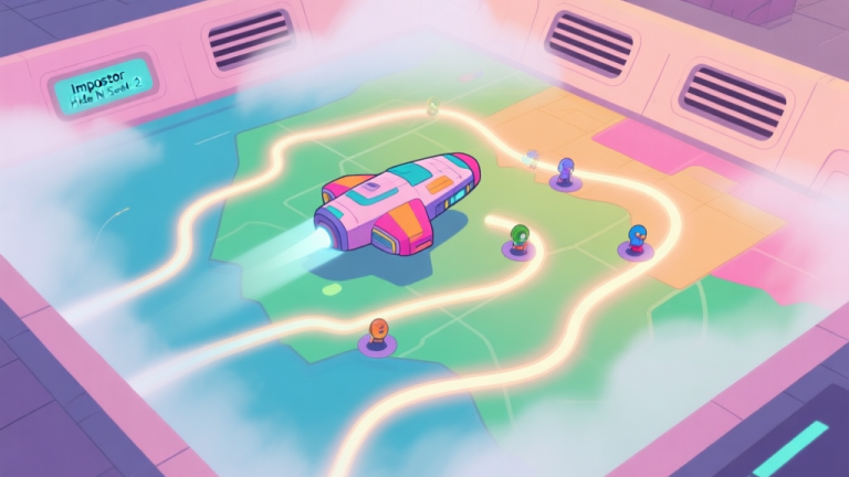 自动生成图片: Top-down view of a colorful spaceship map from Impostor Hide N Seek 2, with soft glowing trails showing player movement paths, a subtle mist effect in vents, minimalist style, pastel color palette high quality illustration, detailed, 16:9