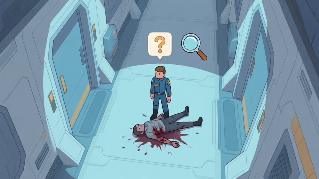 A top-down view of a spaceship corridor in a social deduction game, with a crewmate character standing over a dead body, a question mark and a magnifying glass icon floating above, in a soft, muted color palette with blues and greys high quality illustration, detailed, 16:9