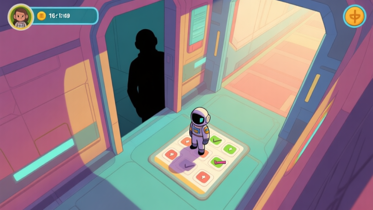 自动生成图片: A top-down view of a colorful spaceship corridor in a social deduction game, with a small crewmate figure standing over a completed task panel, a shadowy figure subtly peeking from around a corner in the background, soft lighting, muted colors high quality illustration, detailed, 16:9