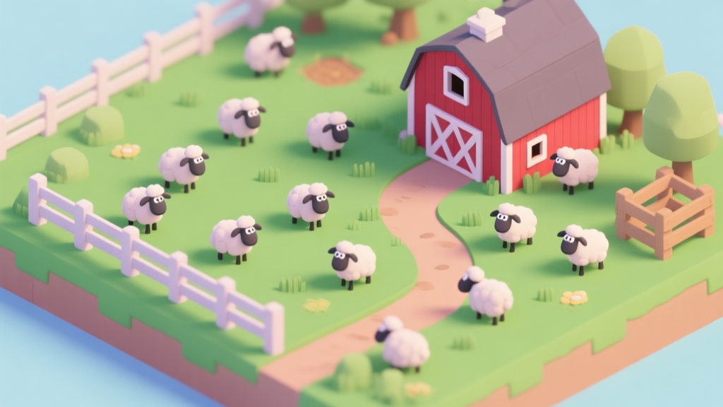 A cozy, isometric view of a Shaun the Sheep game farm, with sheep scattered around a green field, a red barn, and a winding path, in a soft pastel color palette, video game illustration style high quality illustration, detailed, 16:9