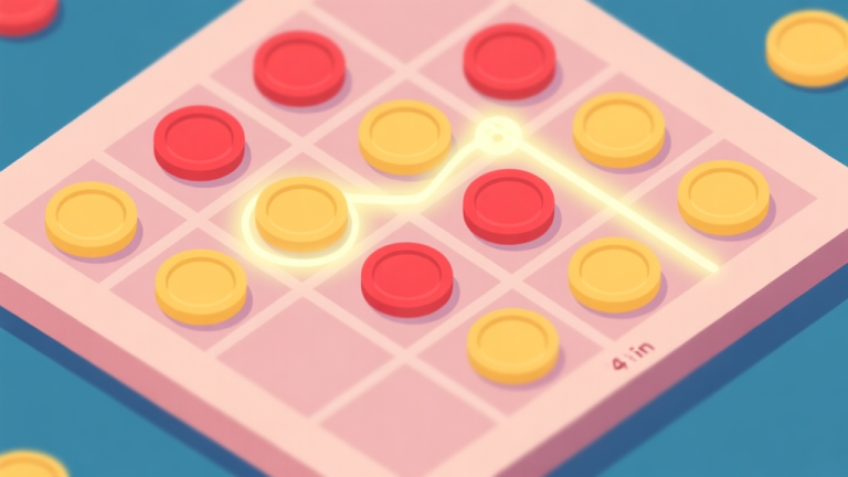 自动生成图片: A top-down view of a 4 in a row game board mid-match, with red and yellow discs placed strategically. Some winning lines are subtly highlighted in a soft glow, flat design style, pastel colors high quality illustration, detailed, 16:9